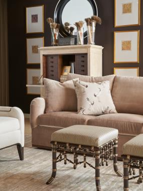 HC9509-S2 Jules Configurable Sofa with AR3 Saddle Arm, B5 Wood Trim Base shown in Truffle finish and HC297-13 fabric; HC9507-24 Giles Chair shown in Ebony finish with HC365-10 fabric; 
 HC5374-70/ HC5375-70 Alice Deck and Chest shown in Alabaster finish and HC6318-88 Faux Bamboo Bench shown in optional Espresso and Antique Rub Light Gold Striping finish.