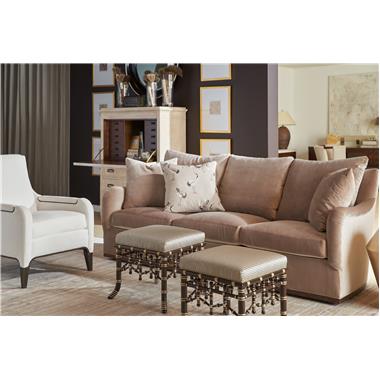 HC9509-S2 Jules Configurable Sofa with AR3 Saddle Arm, B5 Wood Trim Base shown in Truffle finish and HC297-13 fabric; HC9507-24 Giles Chair shown in Ebony finish with HC365-10 fabric; 
 HC5374-70/ HC5375-70 Alice Deck and Chest shown in Alabaster finish; HC6318-88 Faux Bamboo Bench shown in optional Espresso and Antique Rub Light Gold Striping finish and HC3087-70 Brooks Spot Table shown in Patina finish.