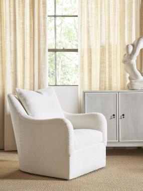 HC9509-CH Jules Swivel Chair with B3-Upholstered
Base, AR3-Saddle Arm and in fabric HC401-10. and HC4600-C3 Textures Six Door Credenza shown in optional Weathered White paint
with F5 Reeded Doors, SL Saber Legs, N2 Antique Bronze Drop Pull and P2 Centered
on Inner Edge Door placement