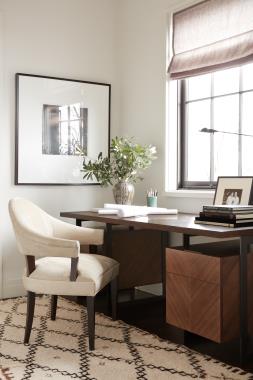 Room Scene: HC7293-10 Barstock Desk show in standard Truffle finish with Browned Steel Base and HC7206-23 Spoon Back Dining Chair shown in optional Espresso finish and in COL leather.