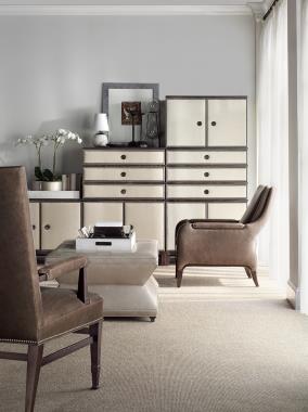 Room Scene: HC9571-70 Remy Stand, HC9572-70 Remy 2-Door Cabinet and HC9573-70 Remy 3-Drawer Chest all finished in optional Ebony finish, fabric HC598-12COM at 48 x 32-inches, HC9507-24 Giles Chair and HC9503-01 Atelier Arm Chair with optional NS-05 and all shown in optional Espresso finish.
