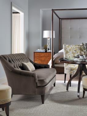 Room Scene: HC109-80 Marler Tufted Sofa, HC185-11  Ingold Table, HC158-13 Artisan Bed with Button Tufted Headboard, HC166-21 Artisan 4-Drawer Mahogany Chest and HC1513-29 Small Auburn Stool.