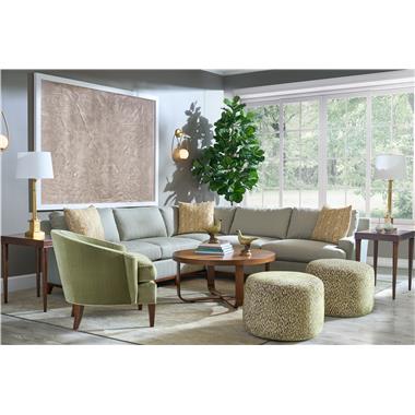 Room Scene: HC122-55 and HC122-56 9th Street Sectional shown in HC2702-32 body fabric with throw pillows shown in HC810-27 fabric and Truffle finish, HC5377-51 Finley M2M End Table shown in Java finish with Walnut top, HC8584-70 Beatrice Cocktail Table shown in Truffle finish, PE6517-50 Maisie Ottoman shown in HC448-78 fabric and PE6707-22 Ember Exposed Wood Lounge Chair shown in HC4324-74 fabric with HC426-72 welt and Truffle finish.