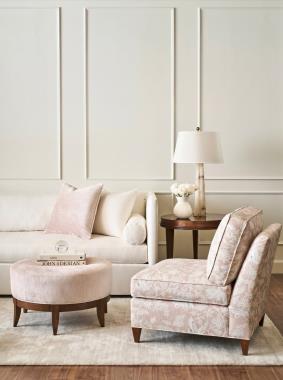 Room Scene: HC1301-46 RAF Sofa/ HC1301-47 LAF Chaise Lorraine Sectional shown in HC4150-10 fabric with standard bolster and (2) 20”standard throw pillows in HC4510-10 fabric with (3) 22” Optional throw pillows in HC505-50 and HC503-50 fabrics: HC1504-38 Leigh Armless Chair shown in HC503-50 fabric and Toffee finish;  HC1514-29 Auburn Large Stool shown in HC297-51 fabric and Toffee finish and HC1386-70 Mobile Accent Table shown in Tawny finish.