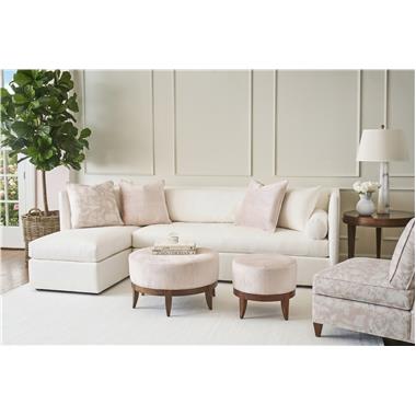 Room Scene: HC1301-46 RAF Sofa/ HC1301-47 LAF Chaise Lorraine Sectional shown in HC4150-10 fabric with standard bolster and (2) 20”standard throw pillows in HC4510-10 fabric with (3) 22” Optional throw pillows in HC505-50 and HC503-50 fabrics: HC1504-38 Leigh Armless Chair shown in HC503-50 fabric and Toffee finish; HC1513-29 Auburn Small Stool shown in HC297-51 fabric and Toffee finish; HC1514-29 Auburn Large Stool shown in HC297-51 fabric and Toffee finish and HC1386-70 Mobile Accent Table shown in Tawny finish.