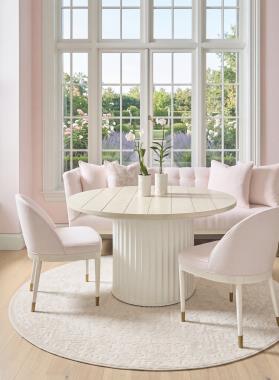 Room Scene: HC1320-51-7 Laurent M2M? Banquette 119" shown in HC505-50 fabric and Swedish White finish; HC1320-49 Laurent Banquette Corner Chair shown in HC505-50 fabric and Swedish White finish; HC1650-01 Laurent Dining Chair shown in HC505-50 fabric and Swedish White finish and HC1346-70 Landers Dining Table base shown in Dove White finish with HC9843-71 Campagne Round Table Top shown in Scrubbed Ash finish.