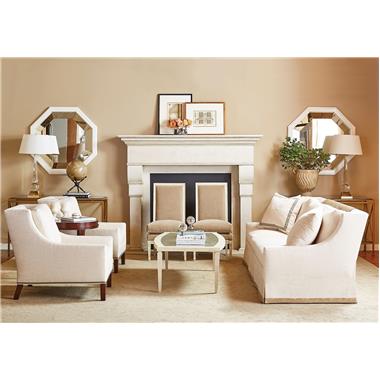 HC1535-02 Chatham Skirted Sofa, HC1534-24 Chatham Lounge Chairs with Exposed Legs, HC1399-10 Gigi Octagonal Mirrors, HC1591-12G Montpelier Console with Glass Top and HC1331-23 Delphine Chair Room Scene