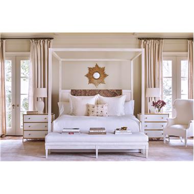 HC1355-10 Normandy Bed, HC1367-10 Monaco Chest, HC1385-10 Eden Accent Table, HC8000-20 Fontaine Lamp, HC1529-55 Josephine Wing Chair and HC1523-53 Courtland M2M® Bench Room Scene