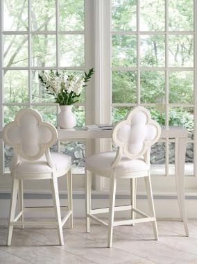 Room Scene: HC1516-03 Alexandra Counter Stool Shown in HC4150-10 fabric with Swedish White finish and HC2493-51 Milo Console Table shown in Chalk finish with Maple top.