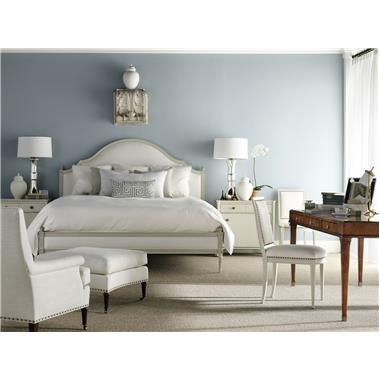 HC1667-11 Simone Upholstered King Bed, HC1693-70 Julien Desk, HC1552-02 Amsterdam Side Chair, HC1527-24 Virginia Chair and HC1527-29 Virginia Ottoman Room Scene