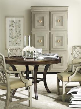 HC1551-01 Linwood Arm Chair, HC1551-02 Linwood Side Chair, HC1541-70/HC1542-71 Collier Dining Table and HC1569-70 Tuxedo Cabinet Room Scene
