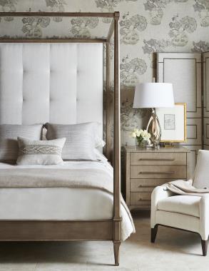 Artisan Bed in Ash with Button Tufted Headboard, Artisan 4-Drawer Mahogany Chest with COH® hardware and Giles Chair Room Scene