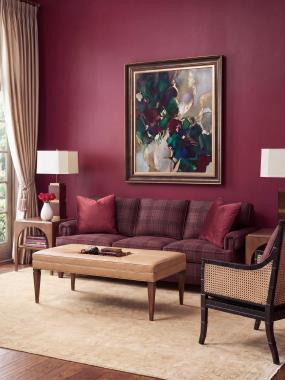 Room Scene: HC2514-86 Bailey Sofa shown in HC513-75 fabric with HC151 welt and HC457-67 fabric on throw pillows and Truffle finish; HC427-23 Beaufort Chair shown in HC151 leather and standard in Aged Blacked only finish; PE6741-50 Max Rectangular Cocktail Ottoman show in HC147 leather and Truffle finish and HC279-70 Ansell Side Table shown in Truffle finish.