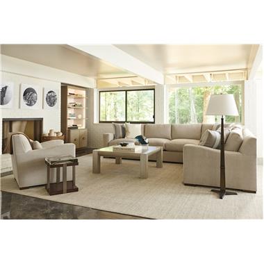 Room Scene: HC3002-45 Kevin LAF Sofa and HC3002-57 Kevin RAF Corner Sofa shown in standard Truffle finish, body in fabric HC347-83, standard throw pillows in HC344-34 and optional HC922-96 throw pillow in HC328-10, HC3081-70 Phillip Cocktail Table shown in optional Chalk paint and HC3085-70 Grace Table Base shown in optional Java finish with HC8030-02 Large Grace Bowl. 