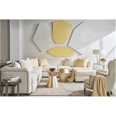 Room Scene: HC3003-45 RAF Sofa, fabric HC365-10, shown in Truffle finish; HC3003-49 Curved Corner, fabric HC365-10, shown in Truffle finish; HC3003-41 Armless Loveseat, fabric HC365-10, shown in Truffle finish; HC3003-48 RAF Chaise, fabric HC365-10, shown in Truffle finish; HC3007-55 Jim Wing Chair, fabric HC9004-92, shown in Truffle finish,  HC3083-70 Grace Bunching Cocktail Table, shown in Truffle finish; HC3084-70 Margot Side Table, shown in Chalk finish; HC3088-70 Brooke Spot Table, shown in Patina Leaf finish and  HC3087-70 Brooks Spot Table, shown in Patina Leaf finish.