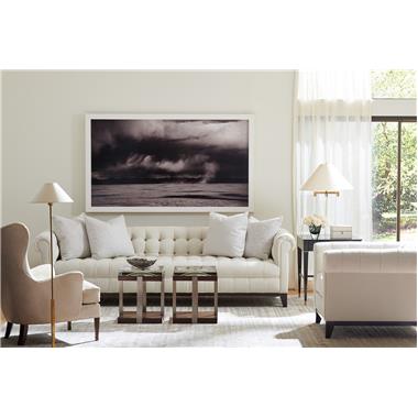 Room Scene: HC3014-05 Parker Sofa shown in optional Ebony finish, in fabric HC328-10 and standard throw pillows in fabric HC337-11 and HC318-13, HC3013-24 Joel Chair shown in optional Ebony finish and in fabric HC328-10, HC3007-55 Jim Wing Chair shown in standard Truffle finish in leather PE9004-92, HC3086-70 Bill Side Table shown in optional Kohl
finish with Solid Dark Gold striping and Golden Brass knob and ferrules and HC3085-70 Grace Table base shown in optional Java finish with HC8030-02 Large Grace Bowl.