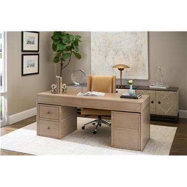 Room Scene: HC4601-DC – Mr. Ashford Desk Chair shown in HC147 leather; HC5394-70 - Harrison Four-Drawer Desk shown in Weathered Stone finish; HC5390-70 - Harrison File Cabinet shown in Weathered Stone finish; HC9571-70 - Remy Wood base shown in Pyrite finish; HC9572-70 - Remy 2 Door Upholstered Cabinet shown in HC4518-18 fabric with Pyrite finish and HC9573-70 - Remy 3 Drawer Upholstered  Chest shown in HC9004-92 fabric with Pyrite finish.