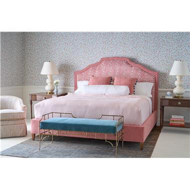 Room Scene: HC4658-29 Bamboo Metal Bench shown in HC2948-32 fabric, HC4572-10 Naomi King Bed shown in HC416-54 and HC495-53 fabric and HC495-53 welt with Truffle finish, PE6707-27 PE6707-24 Ember Stationary Lounge
Chair with Kick Pleat Skirt shown in HC474-22 fabric with HC457-26 all over welt and HC6475-70 Evalina Nightstand shown in Truffle finish.