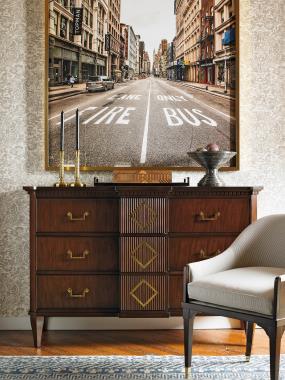 Room Scene: HC5267-70 Bess Dresser shown in optional Oxford finish, HC5201-23 Warren Occasional Chair shown in standard Dark Walnut finish.