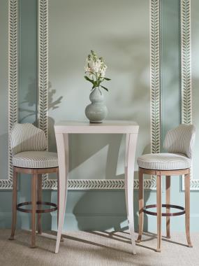 Room Scene: HC6710-04 Salomone Bar Stool Shown in HC417-71 fabric with HC3240-10 welt and Weathered Stone finish and HC2493-51 Milo Console Table shown in Chalk finish. 
