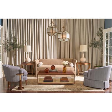 Room Scene: HC713-51-5 Addie M2M® Chair / Sofa with Kick Pleat Skirt shown in HC363-62 body fabric with bolsters shown in HC499-32 fabric; PE6707-22 Ember Exposed Wood Lounge Chair shown in HC499-34 fabric with HC426-72 welt and Chestnut finish; PE6707-27 Ember Skirted Swivel shown in HC499-34 fabric with HC426-72 welt; HC7879-70 Hadley Cocktail Table shown in Cream Linen finish on inside and Chestnut finish on outside; HCP292-STK Darcy End Table and HCP306-STK Rook Spot Table.