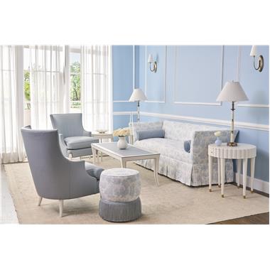Room Scene: HC713-51-5 Addie M2M® Chair / Sofa with Box Pleat skirt shown in HC510-35 body fabric with HC457-32 welt and bolsters shown in HC457-32 fabric with HC3240-10 welt; HC4617-29 Amanda Stool shown in HC522-75 fabric with HC192-32  welt and bottom COT; HC1506-24 Cantrell Chair shown in HC11 Colours leather with Dove White finish: HC2490-51 Milo M2M® Cocktail Table 24” x 60” shown in Dove White finish with Solid Blue Striping and HC11 Colours leather on top inset: HC4506-70 Scalla Side Table shown in Dove White finish and HC2334-70 Oval Regency Table shown in Dove White finish.