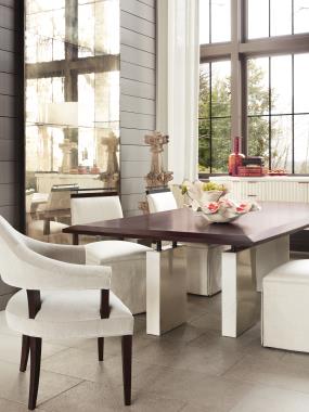 Room Scene: HC7242-10W Block Dining Table shown in standard Truffle finish, HC7215-21 Taperback Side Chair with Handle shown in optional Espresso finish and in PE1128-92  fabric, 7206-23 Spoon Back Dining Chair shown in optional Espresso finish and in COL leather and HC7245-70 Plaited Buffet in optional Chalk paint with HC7245-80 Royal White Marble Top.