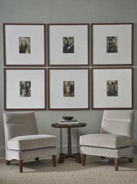 Room Scene: HC7232-23 Evy Chair, fabric HC4324-71, shown in Truffle finish and HC7383-10 Tilda Side Table, shown in standard Truffle finish.