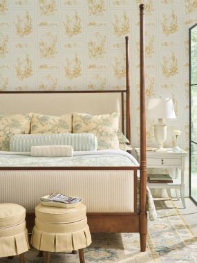 Room Scene: HC5162-16 Tompkins King Poster bed shown in HC703-13 fabric and Oxford finish with Optional Light Gold Stripe Antique Rub, HC6711-30 Miller Stool with Box Pleat shown in HC490-23 fabric with HC4001-10  welt and Truffle finish and HC7666-70 Calla Side Table shown in Weathered White finish.