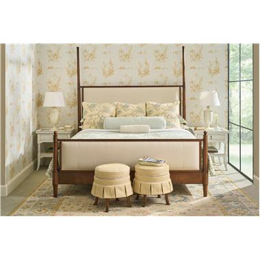 Room Scene: HC5162-16 Tompkins King Poster bed shown in HC703-13 fabric and Oxford finish with Optional Light Gold Stripe Antique Rub, HC6711-30 Miller Stool with Box Pleat shown in HC490-23 fabric with HC4001-10  welt and Truffle finish and HC7666-70 Calla Side Table shown in Weathered White finish.