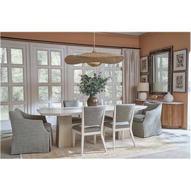 Room Scene: HC8644-10 Lark Pedestal Base & HC8643-72 Lark Dining Table Top shown in Ivory finish, HC8507-01 Oletta Skirted Dining Chair shown in HC480-72 fabric, HC8691-70S Maxime Console with Stone Top shown in Clear Coat finish and HC8511-02 Loretta Dining Chair shown in HC480-72 fabric and Cream Linen finish.