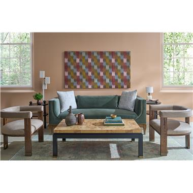 Room Scene: HC8544-86 Lunel Sofa shown in HC3087-62 body/back cushion fabric and HC457-82 welt with HC474-32 fabric on back cushions and Hable Grey finish, HC8557-70 Zeen Cocktail Table shown in Natural on top and Weathered Black finish  shown in on base and HC8687-70 Chad Side Table shown in Shadow finish.