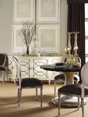 HC3106-11 Louis XVI Side Chair; HC9844-10/HC9843-41 Campagne Pedestal Table and HC9845-70 Duchamp Demilune Sideboard.