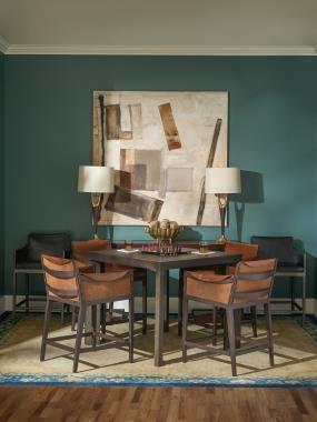 Room Scene: HCP5700-STK Gunnison Counter Stool in Brown Leather, HCP5701-STK Gunnison Counter Stool in Black Leather, HC4743-51 THorpe M2M Game Game/Console Table with Ash top shown in Shadow finish and HC3091-70 Dennis Console shown in Espresso finish.