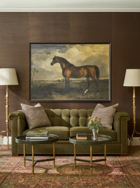 Room Scene: HC123-51 Kent M2M® Sofa  - 89" shown in HC497-95 fabric with Antique Brass nail trim  and PE7032-94 fabric on throw pillows and Truffle finish and HCP9122-STK Valen Cocktail Table.