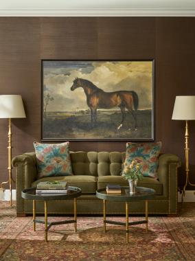 Room Scene: HC123-51 Kent M2M® Sofa  - 89" shown in HC497-95 fabric with Antique Brass nail trim  and HC806-74-LIBERTY fabric on throw pillows and Truffle finish and HCP9122-STK Valen Cocktail Table.