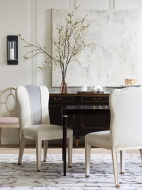 PE6745-00 Eleanor Side Chair and PE6733-00 George Dining Chair shown in optional Swedish White paint and COM fabric.