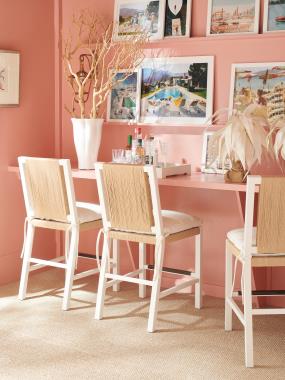 Room Scene: HC1312-03 Aix-en-Provence Counter Stool shown in optional Dove White paint and in fabric HC2393-10.