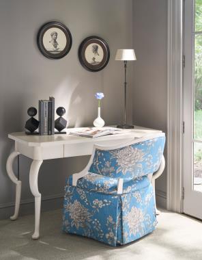 Room Scene: HC132-01 Kennis Skirted Dining Arm Chair & Game Chair shown in HC809-93 LIBERTY fabric and Cream Linen finish; HC7248-70 Adele Writing Desk shown in Cream Linen finish.