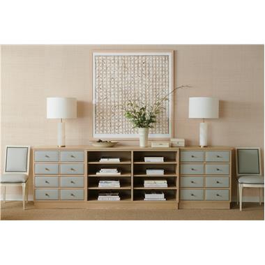 Room Scene: HC1373-10-1 Claudette Credenza With Left Door And Right Drawer Piers shown in optional optional Blonde finish and leather HC9008-93 and HC1552-02 Amsterdam Side Chair shown in optional Swedish White paint and leather HC9008-93.