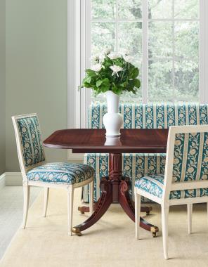 Room Scene: HC2476-70 Newport Pedestal  Bases, HC2467-70 Newport Table Top shown in Medium Mahogany finish, HC1552-02 Amsterdam Side Chair shown in HC810-36-LIBERTY fabric and Antique Ivory finish, HC7635-51 Bistro M2M Banquette shown in HC810-36-LIBERTY fabric and Antique Ivory finish.