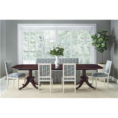 Room Scene: HC2476-70 Newport Pedestal  Bases, HC2467-70 Newport Table Top shown in Medium Mahogany finish, HC1552-02 Amsterdam Side Chair shown in HC810-36-LIBERTY fabric and Antique Ivory finish, HC7635-51 Bistro M2M Banquette shown in HC810-36-LIBERTY fabric and Antique Ivory finish.