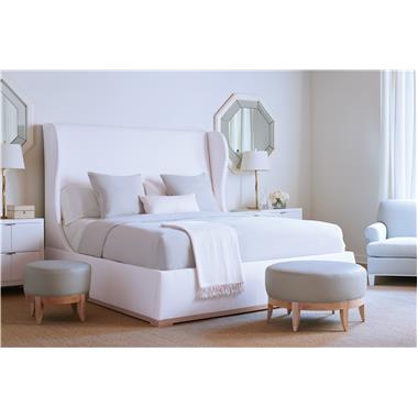 Room Scene: HC1655-10 Celeste King Bed shown in optional Blonde finish and fabric HC2393-10, HC1302-24 Garroux Chair shown in optional Dove White paint and fabric HC3922-73 HC1399-10 Gigi Octagonal Mirror, HC1513-29 Auburn Small Stool and HC1549-29 Auburn Large Stool shown in optional Clear Coat Lacquer in leather HC9008-93 and
HC1366-10 Verdun Side Table/Nightstand shown in optional Dove White paint.