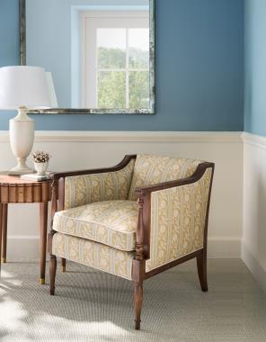 Room Scene: HC1841-51-1 Westover M2M Chair shown in C810-27-LIBERTY fabric and Truffle finish, HC4506-70 Scalla End Table shown in Truffle finish.