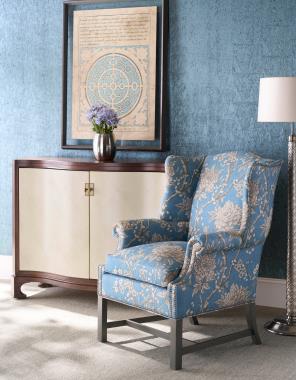 Room Scene: HC1857-55 Chippendale Wing Chair shown in HC809-93-LIBERTY fabric with 
Antique Nickel - Petite nail trim and Slate finish, HC9000-70 Sula Serpentine Chest shown in Truffle finish.