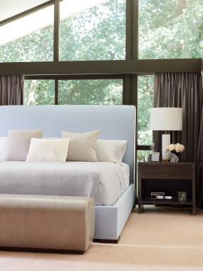 Room Scene: HC3062-10 Kim King Bed shown in standard Truffle finish and in fabric HC338-32, HC3066-70 David Side Table/Nightstand shown in optional Ebony finish and HC3008-53 Marney M2M® Bench shown in Truffle finish and in leather HC551 shown as W60" x D20".