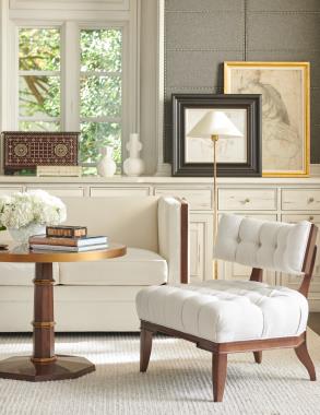 Room Scene:  HC3415-60 Wellesley Settee shown in fabric HC328-10, HC3408-23 Carlyle Chair shown in fabric HC327-11 and both shown in standard Truffle finish; HC3486-10 Avino Side Table shown in standard Avino finish.