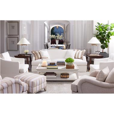 HC3425-90 Crowley Skirted Sofa, HC296-14, two striped throw pillows from David
Phoenix in COM, HC3425-27 Crowley Swivel Chair and HC3422-21 Meredith Skirted Chair all shown in fabric HC298-10, HC3424-24 Crowley Lounge Chair
and HC3424-29 Crowley Ottoman shown in fabric HC373-15 and in optional Lynx
finish, HC3477-70 Verner Side Table shown in optional combination of standard Truffle finish with hand-painted sabots in Solid Light Gold and HC3476-70 Verner Cocktail Table shown in optional combination of optional Weathered White paint with hand-painted sabots in Solid Light Gold.