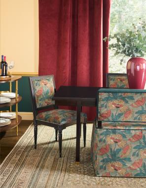 Room Scene: HC6240-70 Francois Dining Table shown in Kohl finish, HC4607-51-4Lina M2M Banquette shown in C806-74-LIBERTY fabric with Kohl finish, HCP9004-STK Ellipse Bar, HC9751-02 Louis XVI  Dining Side Chair shown in C806-74-LIBERTY fabric with Kohl finish.