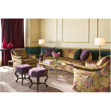 Room Scene: HC6701-90 Ariele Sofa shown in HC814-29-LIBERTY with HC2948-75 Optional welt and throw pillows shown in fabric HC457-04 with Self Welt, HC9509-SW Jules Swivel Chair shown in HC814-29-LIBERTY with Chair Frame in fabric HC457-57 Twine Welt  and 
back cushion & seat cushion in fabric HC457-57 Pencil Welt,  HC2579-10 Bristol 
Oval Cocktail Table, HC3088-70 
Brooke Spot Table shown in Benjamin Moore Bordeaux Red 1365
lacquer paint, HCP293-STK Martina Spot Table HC1612-30 Anastasia Bench shown in fabric HC457-04 with self welt and Java finish.